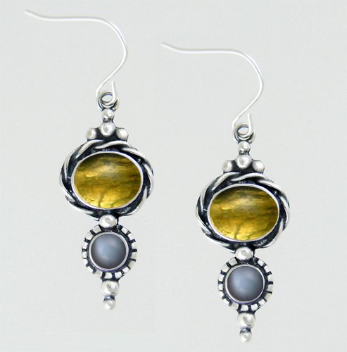 Sterling Silver Drop Dangle Earrings With Citrine And Grey Moonstone